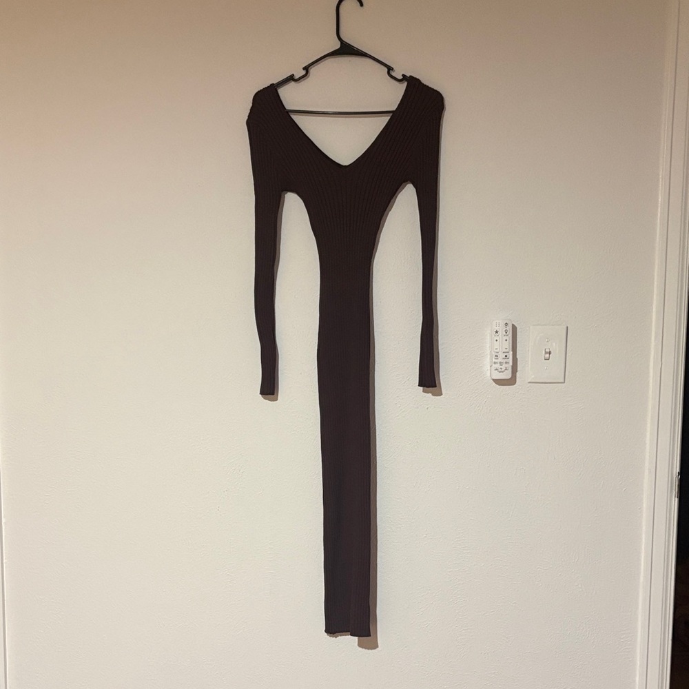 Fashion Nova Chocolate Brown Ribbed Long Sleeve Maxi Dress